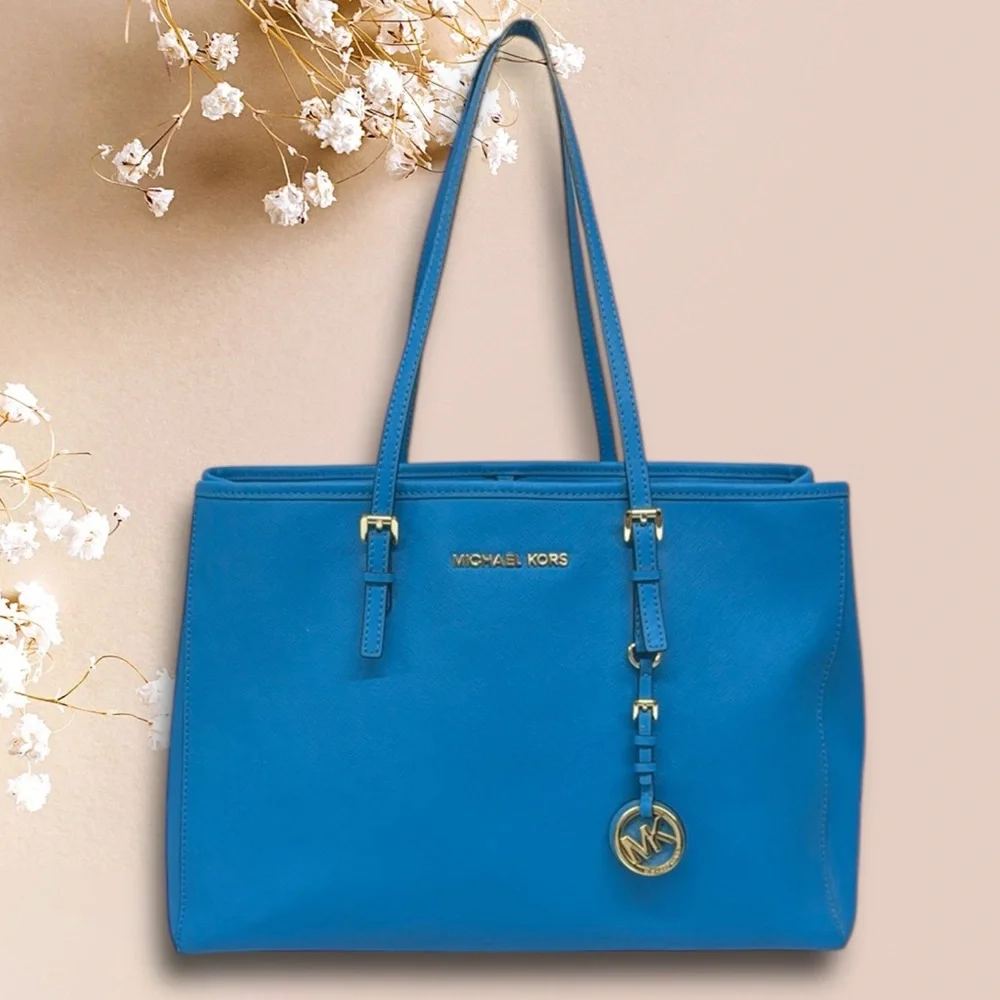 Michael Kors Blue Gold Saffiano Womens Shoulder HandBag Tote Purse 15
